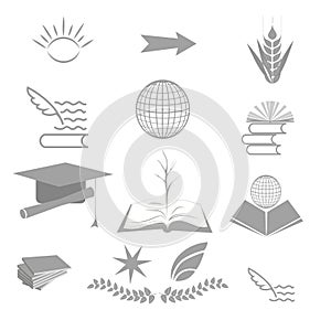 Science icons set. Vector elements. Book, globe, study, education, scientific work