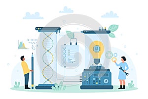 Science ideas, tiny people research light bulb with circuit inside and DNA model