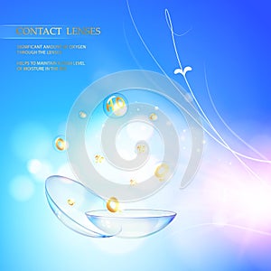 Science illustration for medical design. Contact lens concept with water wave flow over blue background and two eye