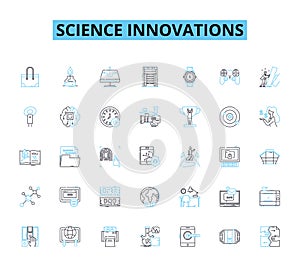 Science innovations linear icons set. Biotechnology, Nanotechnology, Robotics, Genetics, Quantum, Neuroscience