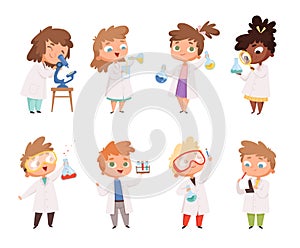 Science kids. Childrens in chemistry lab boys and little girls vector funny people