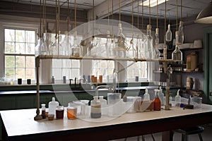 a science lab, with beakers and flasks on a bench and test tubes hanging from hooks