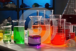 science lab with beakers, flasks, and test tubes filled with colorful liquids