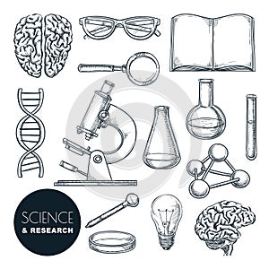 Science lab and chemistry research sketch vector illustration. Isolated hand drawn education icons set