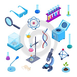 Science lab, chemistry research vector 3d isometric symbols. Isolated flat icons set. Laboratory equipment collection