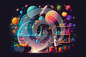 Science Lab with Diagrammatic Objects and Space-themed Elements photo