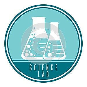 Science lab icon, beakers with boiling bubbling liquid