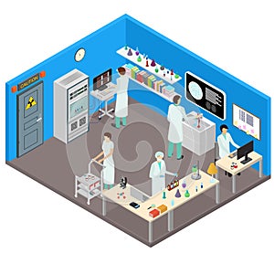 Science Lab Interior with Furniture Isometric View. Vector