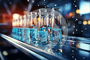 Science lab scene with a pipette dispensing blue chemical into glass test tubes