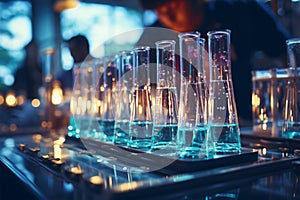 Science lab scene with a pipette dispensing blue chemical into glass test tubes