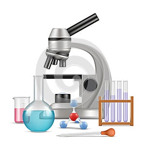 Science laboratory 3d. Biology physics items for tests and experiments in lab microscope glass tubes vector realistic