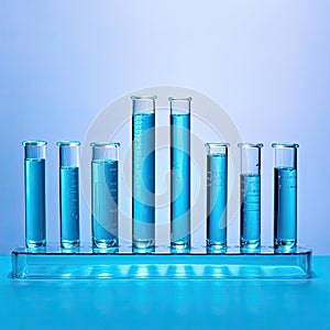 science laboratory blue test tubes on light background, lab equipment for research new medical, tubes in laboratory