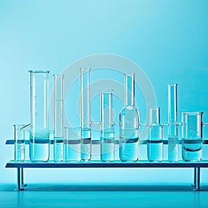 science laboratory blue test tubes on light background, lab equipment for research new medical, tubes in laboratory