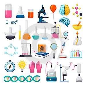 Ciencia a laboratorio dispositivos iconos un conjunto compuesto por ilustraciones. bancos vasos microscopio a pipeta químico 