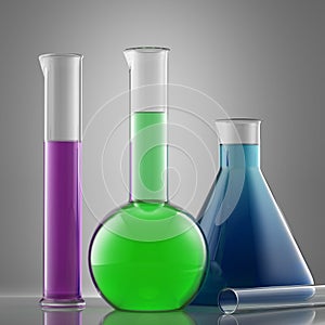 Science laboratory glass equipment with liquid. flasks with colo