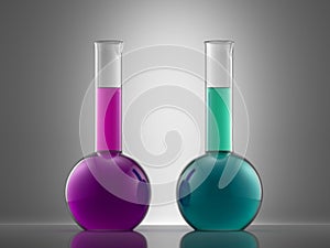 Science laboratory glass equipment with liquid. flasks with colo