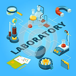 Science laboratory isometric. Biology or pharmaceutical lab with scientist workers vector 3d concept