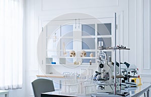 Science laboratory, Microscope and test tubes on the working table chemistry laboratory, scientist test tube with samples