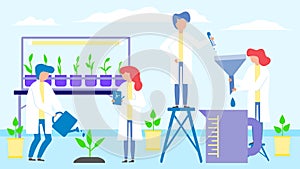 Science laboratory with plants, people group men women teamwork vector illustration. Scientists at biochemical research.