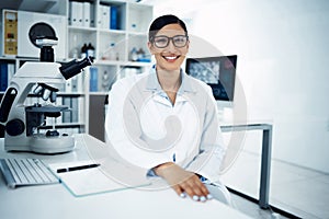 Science, laboratory and portrait of woman with notebook for medical research, analysis and writing notes. Healthcare