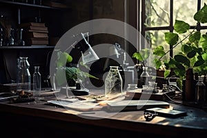Science laboratory research and development concept. Test tubes, flasks, books and plants on a wooden table. Generative AI