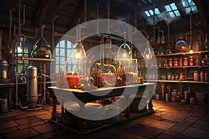 Science Laboratory Scene, Beakers, Flasks, Tubes, and Chemicals