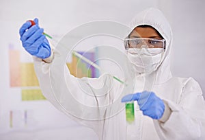 Science, laboratory and scientist with sample and pipette for medical research, analysis and vaccine development