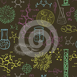 Science laboratory seamless pattern with microbes and viruses. Vintage design set.