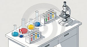 Science Laboratory Table with Flasks, Test Tubes, and Microscope
