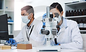Science, laboratory and team of scientists with microscope for research, medical analysis and lab test. Healthcare