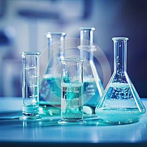 science laboratory test blue tubes on light blue background , lab equipment for research new medical, tubes in laboratory