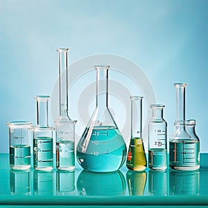 science laboratory test blue tubes on light blue background , lab equipment for research new medical, tubes in laboratory