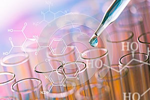 Science laboratory test tubes with chemical formula on screen ,