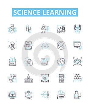 Science learning vector line icons set. Science, Biology, Chemistry, Physics, Astronomy, Earth science, Geology