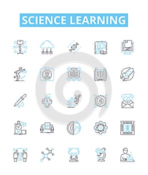 Science learning vector line icons set. Science, Biology, Chemistry, Physics, Astronomy, Earth science, Geology