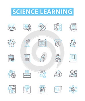 Science learning vector line icons set. Science, Biology, Chemistry, Physics, Astronomy, Earth science, Geology
