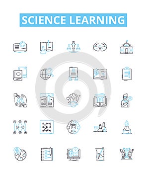 Science learning vector line icons set. Science, Biology, Chemistry, Physics, Astronomy, Earth science, Geology