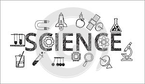 Science lettering flat line design with scientific icons and elements Vector hand-drawn