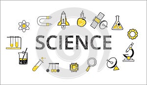 Science lettering flat line design with scientific icons and elements Vector hand-drawn
