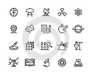 Science line icons. Technology research, medical biology astronomy exploration and equipment. Laboratory instruments