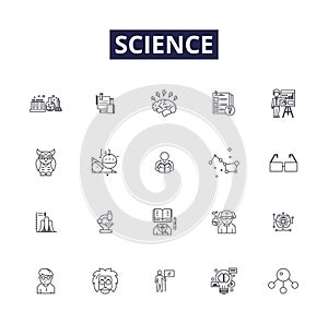 Science line vector icons and signs. Chemistry, Physics, Biology, Astronomy, Technology, Mathematics, Nature, Experiment