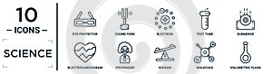 science linear icon set. includes thin line eye protector, electron, submerge, professor, molecule, volumetric flask,