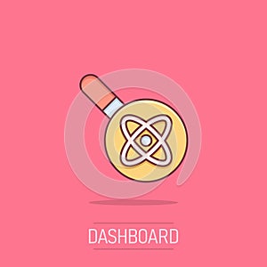 Science magnifier icon in comic style. Virus search cartoon vector illustration on isolated background. Chemistry dna splash