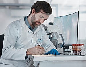 Science, man and writing notes in laboratory for research analysis, biotechnology test or review results. Data report