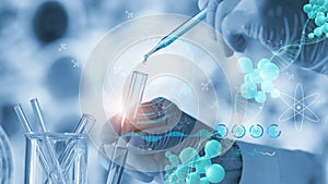 Science and medicine, Scientists are experimenting analyzing with molecule model and dropping a sample into a tube, experiments