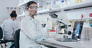 Science, microscope and a student girl in a lab for research, innovation or medical breakthrough. Portrait, smile and