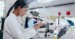 Science, microscope and a student woman in a laboratory for research, innovation or medical breakthrough. Medicine