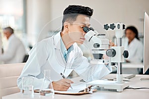 Science, notebook and microscope with an asian man doctor working in a lab for research or innovation. Healthcare