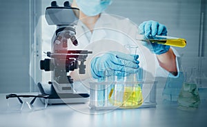 Science Oil Chemistry Expertise is Experiment Analysis With Microscope Equipment in Laboratory. Double Exposure of Scientist