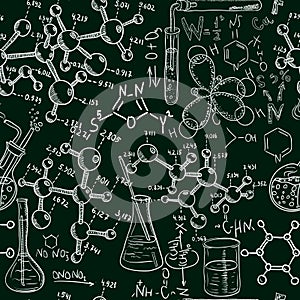 Science old chemistry laboratory seamless pattern. Vintage vector background sketchy style